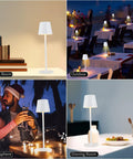 Cordless LED Desk Lamp With 5000mAh Rechargeable Battery Touch Night Light Wireless Minimalist Design in living room, dining area, outdoors, and date setting.