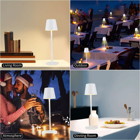 Cordless LED Desk Lamp With 5000mAh Rechargeable Battery Touch Night Light Wireless Minimalist Design in living room, dining area, outdoors, and date setting.
