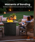 Couple enjoys evening with 28 Inch Propane Fire Pit Table With 40K BTU Portable Smokeless Outdoor Heater And Dining Coffee Bar Table on patio