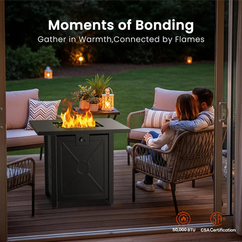 Couple enjoys evening with 28 Inch Propane Fire Pit Table With 40K BTU Portable Smokeless Outdoor Heater And Dining Coffee Bar Table on patio