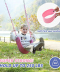 Child playing on Pink Swing Seat With Heavy Duty Chains Plastisol Coated Copolymer Plastic For Playground Swing Set Accessories Replacement Gift Box Set Dope Birthday Gift And DIY Attachment For Glider Or Slide Outdoor Upgrade