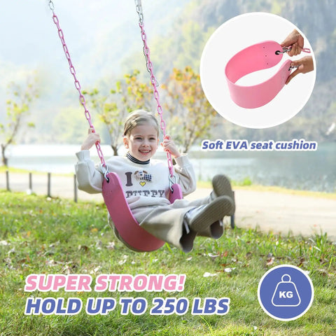 Child playing on Pink Swing Seat With Heavy Duty Chains Plastisol Coated Copolymer Plastic For Playground Swing Set Accessories Replacement Gift Box Set Dope Birthday Gift And DIY Attachment For Glider Or Slide Outdoor Upgrade