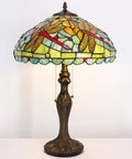 Tiffany Style Stained Glass Table Lamp Dragonfly Motif In Green And Red, 16 Inch Shade, 24 Inch Tall Antique Reading Light