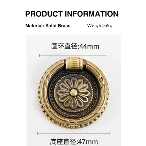 Antique Brass Ring Pulls Set Of 30 Solid Brass Cabinet Knobs And Drawer Handles, Vintage European Style, 44mm Size