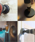 PETUOL hole saw kit, 22pcs with storage box; front view drilling tile, side view on drywall, installed drill in action.