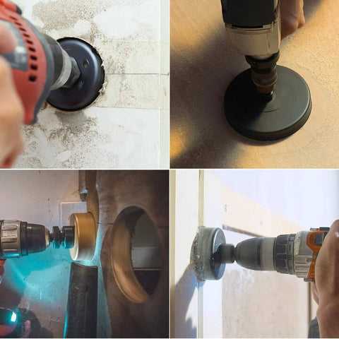 PETUOL hole saw kit, 22pcs with storage box; front view drilling tile, side view on drywall, installed drill in action.