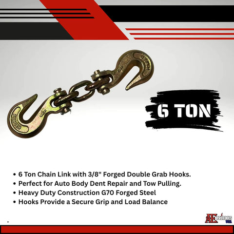 Beefy Heavy Duty Six Ton Double Grab Hook Chain Set With Forged Three Eighths Inch Clevis Hooks, Tow Hooks And Chain Link Shortener, Compatible With Five Sixteenths And Three Eighths Inch Chain, 2 Pc Auto Tow And Body Repair Kit, 6 ton