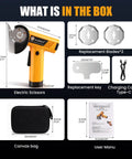 Mulwark 4.2V Electric Scissors Cordless Box Cutter With Led Display And Two Spare Blades Offers Four Speeds For Cutting Cardboard Carpet Plastic Leather Portable Power Tool Easy Handling, showing contents of the box.