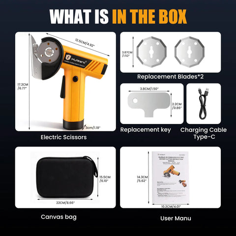 Mulwark 4.2V Electric Scissors Cordless Box Cutter With Led Display And Two Spare Blades Offers Four Speeds For Cutting Cardboard Carpet Plastic Leather Portable Power Tool Easy Handling, showing contents of the box.