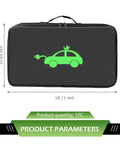 Hella Durable EV Charging Cable Storage Bag And Waterproof Auto Gear Organizer, black case with green car design, 18.11 x 10.63 inches.