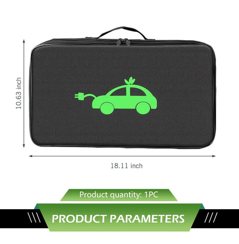 Hella Durable EV Charging Cable Storage Bag And Waterproof Auto Gear Organizer, black case with green car design, 18.11 x 10.63 inches.