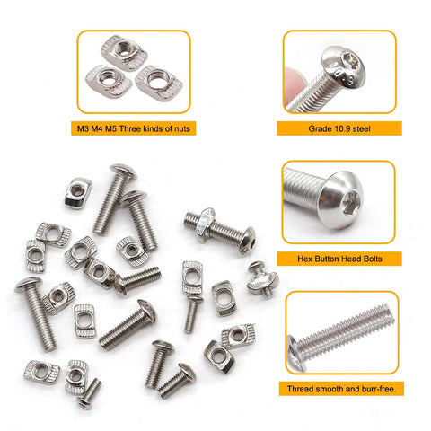 260 Piece T Nuts And Screws Kit For M-LOK And 2020 Aluminum Profiles with M3 M4 M5 nuts and bolts, hex button head bolts shown