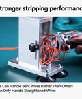 Beefy Drill Powered Wire Stripper For Recyclers in action, AWG 000 to 40 range, stripping curled wire, aircraft-grade aluminum frame.