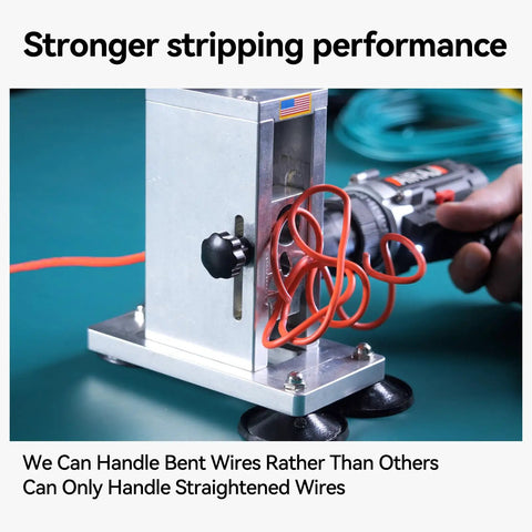 Beefy Drill Powered Wire Stripper For Recyclers in action, AWG 000 to 40 range, stripping curled wire, aircraft-grade aluminum frame.
