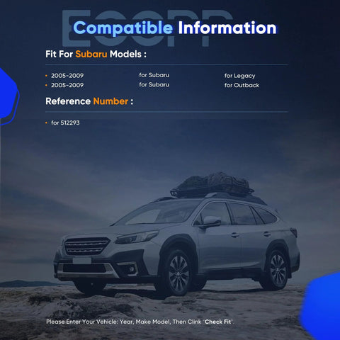 Compatibility info for Subaru Outback and Legacy 2005-2009, front view of a Subaru car, suitable for wheel hub assembly with ABS AWD.