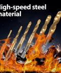 Heavy Duty HSS Countersink Drill Bit Set Titanium Coated 3 In 1 All In One Drill Tap Chamfer Kit With Hex Shank displayed with flames