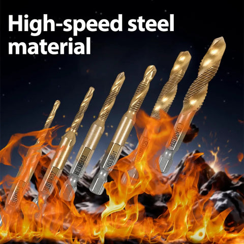 Heavy Duty HSS Countersink Drill Bit Set Titanium Coated 3 In 1 All In One Drill Tap Chamfer Kit With Hex Shank displayed with flames