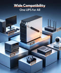 Rock Solid LiFePO4 Ups Battery Backup And Surge Protector With Pure Sine Wave Output And Eight Outlets Dual Metal Case shown with various devices.