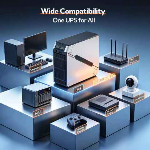 Rock Solid LiFePO4 Ups Battery Backup And Surge Protector With Pure Sine Wave Output And Eight Outlets Dual Metal Case shown with various devices.