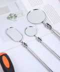 Three Piece Stainless Steel Extendable Mechanic Mirror Set With Telescoping Rotating Head Inspection Mirrors on a white surface