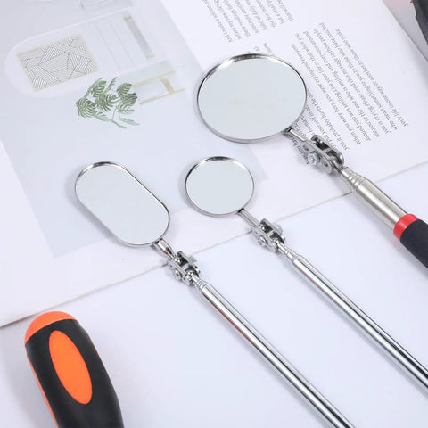 Three Piece Stainless Steel Extendable Mechanic Mirror Set With Telescoping Rotating Head Inspection Mirrors on a white surface