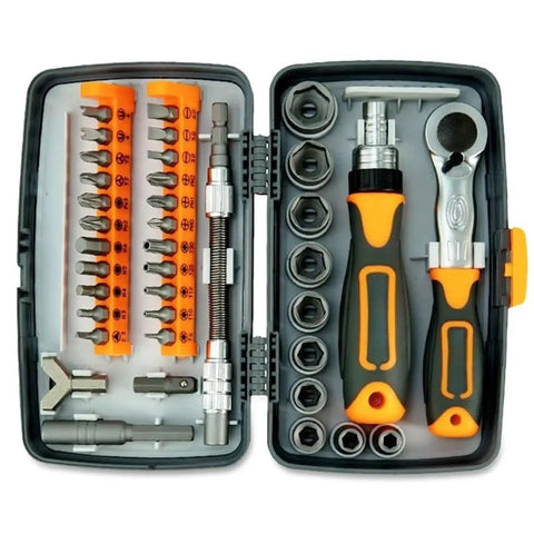 Heavy Duty Ratchet Screwdriver Set With Magnetic Bits, Sleek Mechanic Tool Kit For Tough Household Repairs And Handyman Jobs You Gotta Get Done Fast. 135pc orange case open
