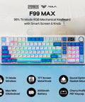 Sick Wireless Mechanical Keyboard With 97 Key Layout Built In Smart Screen Rotary Dial Knob Custom Pbt Keycaps Top Tier Gaming Typing Rig For Your Daily Desk Vibe Setup, showcasing a tri-mode RGB layout and TFT screen.