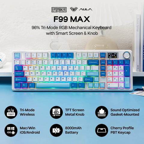 Sick Wireless Mechanical Keyboard With 97 Key Layout Built In Smart Screen Rotary Dial Knob Custom Pbt Keycaps Top Tier Gaming Typing Rig For Your Daily Desk Vibe Setup, showcasing a tri-mode RGB layout and TFT screen.