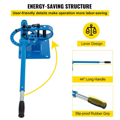 Beefy Manual Bender For 1 To 2 Inch Round And Square Metal Bars With 7 Bending Dies, blue lever, 44-inch handle, rubber grip