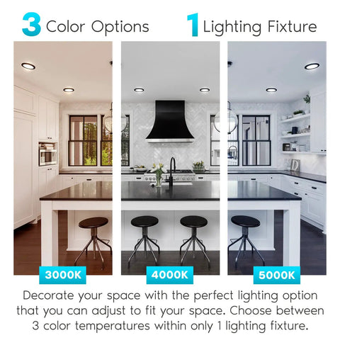 3 kitchens showing 4 Pack 5 Inch LED Flush Mount Ceiling Lights, 10W Dimmable Round Panel Fixtures with different color temperatures