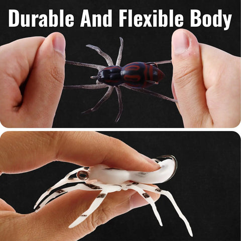 Weedless Topwater Spider Lure With Soft Hollow Body Walking Bait 4 Color Mix 4 Pack for Freshwater And Saltwater shown in hand