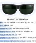 IPL Laser Safety Glasses OD 3 Plus Polycarbonate Lens with dark tinted lenses for laser hair removal, blocking harmful light.