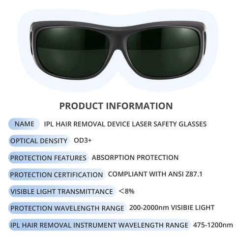 IPL Laser Safety Glasses OD 3 Plus Polycarbonate Lens with dark tinted lenses for laser hair removal, blocking harmful light.