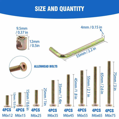 Assorted Crib Screws And Barrel Nuts Replacement Kit Fits Delta Graco Cribs 32 Piece Heavy Duty Zinc Plated Hex Socket Caps rust proof detailed sizes