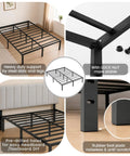 Queen Size Metal Platform Bed Frame With Heavy Duty Steel Construction And Eleven Tough Support Legs showing heavy duty support slats and legs.