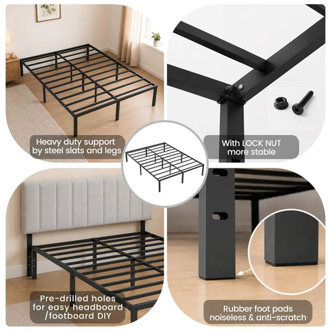 Queen Size Metal Platform Bed Frame With Heavy Duty Steel Construction And Eleven Tough Support Legs showing heavy duty support slats and legs.