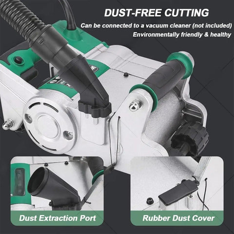 Electric Wall Groove Cutter 1100W with adjustable depth showing dust extraction port and rubber dust cover details.
