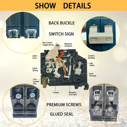Detailed view of internal components of 50 Amp 2 Pole Molded Case Circuit Breaker Plug In Type For OEM Load Centers 10kA 120 240 Volt