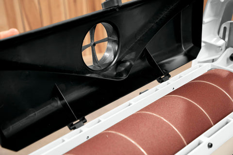 Ready-To-Cut 150 Grit Sandpaper Strips For Drum Sanders, 3 Inch Wide, Aluminum Oxide installed on drum sander