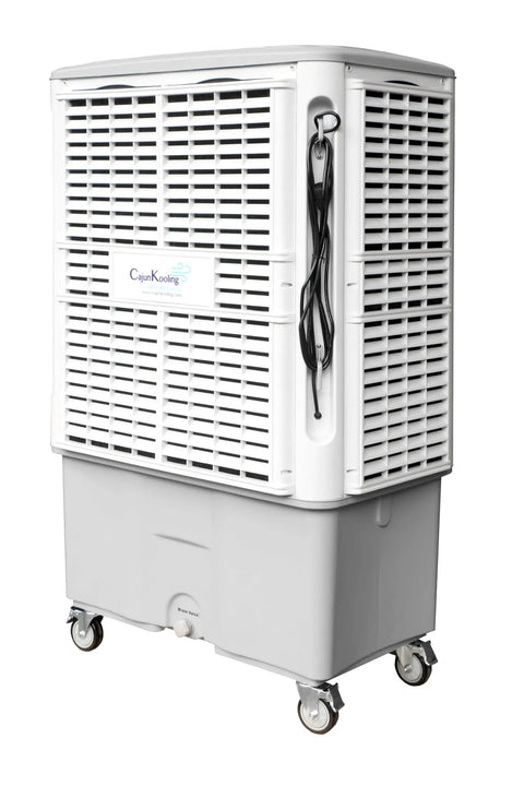 Heavy Duty Evaporative Air Cooler With Killer Cooling Power, Variable Speeds For Patios And Barns, Cools 2500 Square Feet Smooth, Huge Tank Keeps Your Place Super Chill All Summer Long, portable design with wheels.