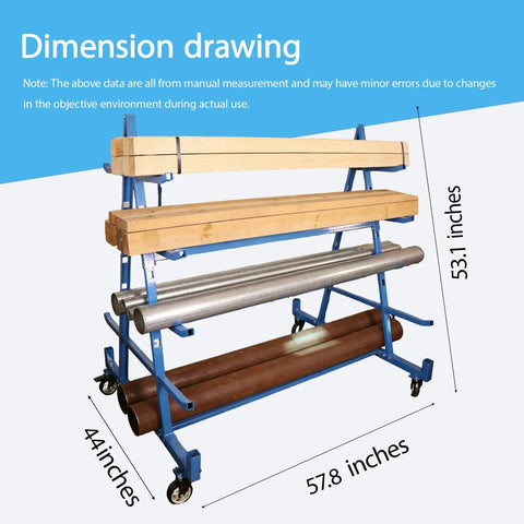 Dimension drawing of Heavy Duty Double Sided Horizontal Material Storage Rack Featuring Adjustable Arms For Lumber PVC Tubes And Steel Pipe.