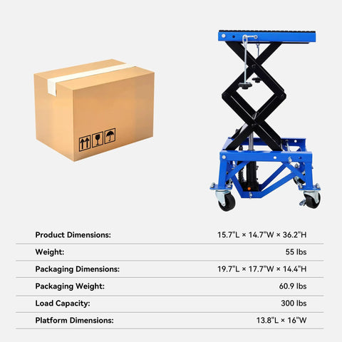 Beefy Hydraulic Motorcycle Scissor Jack Lift With Foot Step Lever And Four Wheels, Height Adjustable From 13.4 To 36.2 Inches, Blue.