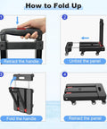 Folding hand truck (black with red accents) on wheels shown in a four-panel fold-up infographic.