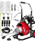 Smooth Operator Electric Drain Auger Guts Out Stubborn Clogs Quick With 75 Ft Cable And Four Tough Cutting Bits For One To Four Inch Pipes Portable Auto Feed Plumbing Tool With Snappy Foot Switch components including gloves and various tools.