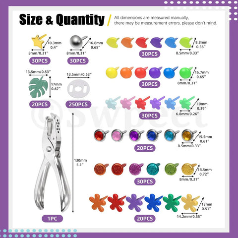 Smooth Ops With MultiColor Split Pins And Mini Brass Paper Fasteners Paired With Compact Hole Puncher 240 Piece Supply Kit showing assorted shapes and sizes.