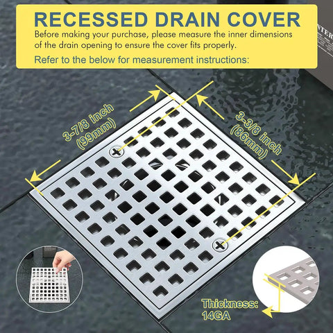 Built Tough Brushed Nickel Square Shower Drain Cover 3-7/8 Inches Wide Rust Resistant Stainless Steel Floor Insert with measurements
