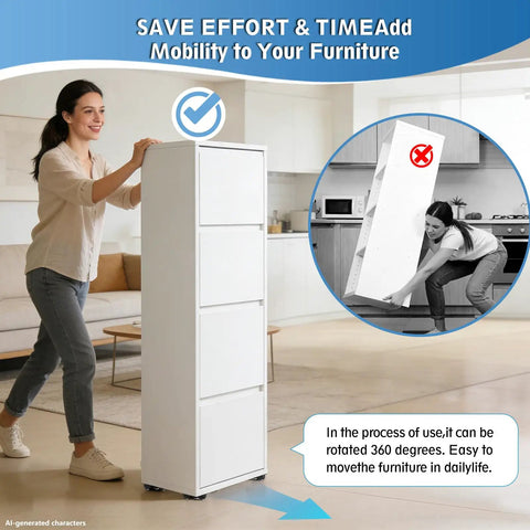 Woman installing Self Adhesive Mini Swivel Caster Wheels For Furniture on a white cabinet for easy mobility.