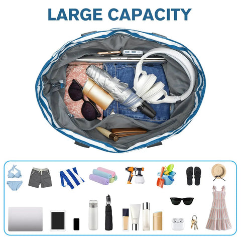 Top view of large capacity interior of waterproof sandproof beach tote bag with headphones and essentials, navy stripe design.