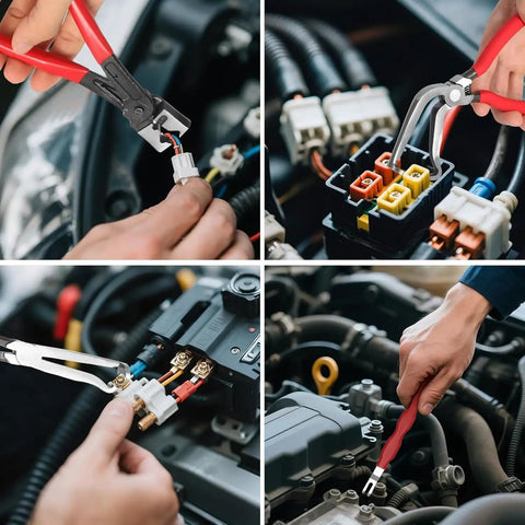 4 Piece Automotive Electrical Disconnect Pliers Kit With High Carbon Steel Connector Pliers Straight And 60 Degree Tips Hose Clamp Pliers 18 Pin Fuel Line Repair Set In Storage Box being used in an engine bay