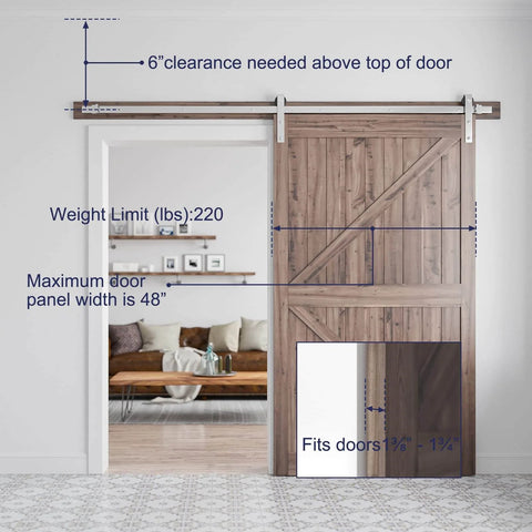 8 Feet Brushed Nickel Barn Door Hardware Kit For 42 To 48 Inch Wide Panels Heavy Duty Sliding Track With Smooth Quiet Operation shown installed on door